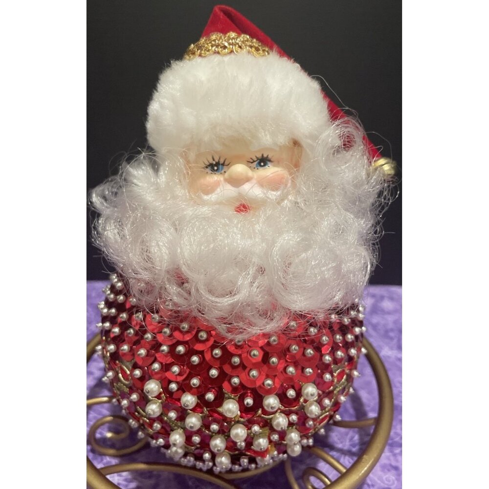 Vintage Handcrafted Beaded Sequins Push‎ Pin Christmas Round Large Santa Figure